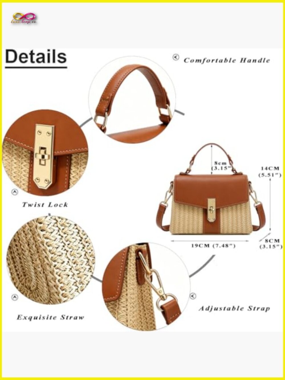 Straw Woven Satchel Handbag Summer Beach Crossbody Shoulder Bag Y2K Box Bag - Picture 4 of 7